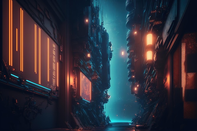 Una strada di città futuristica di notte con luci al neon sfondo cyberpunk scifi