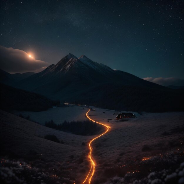 Una strada di fronte a una montagna con la luna piena nel cielo.