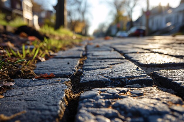 Una strada di mattoni con una buca in mezzo