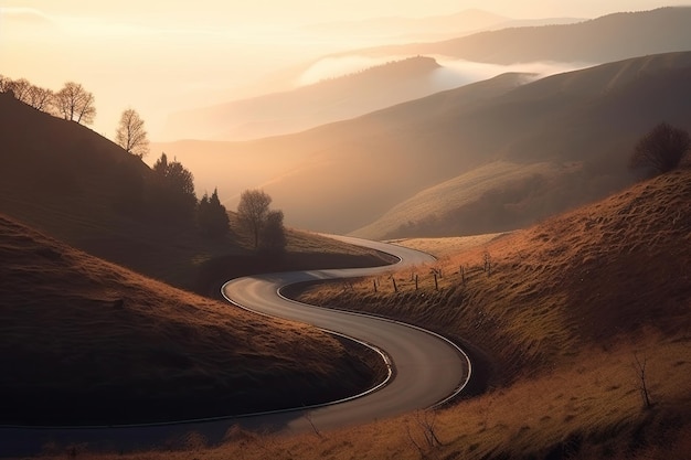 Una strada di montagna con un tramonto sullo sfondo