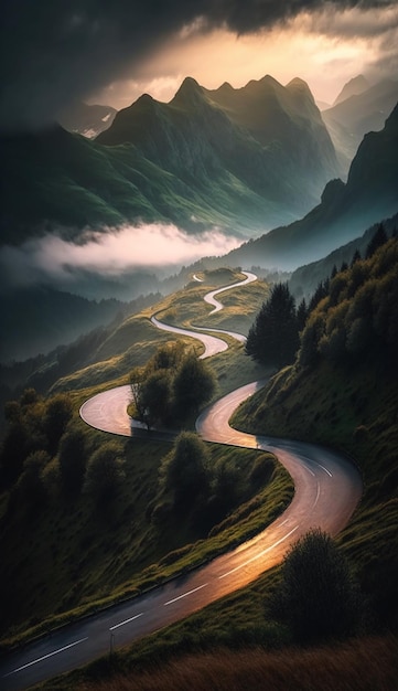 Una strada di montagna con una montagna sullo sfondo