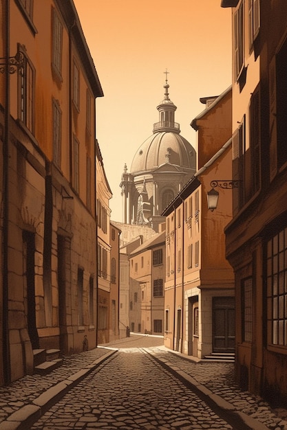 Una strada di roma con una cupola sullo sfondo.