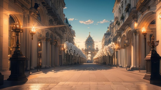 Una strada di sera con una chiesa sullo sfondo