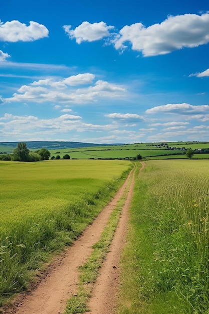 una strada di terra attraversa un campo con un cielo blu e nuvole