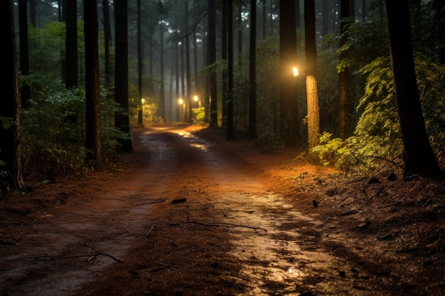 una strada di terra in mezzo a una foresta di notte