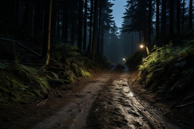 una strada di terra in mezzo a una foresta di notte