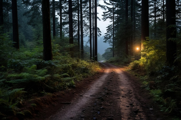 una strada di terra in mezzo a una foresta di notte