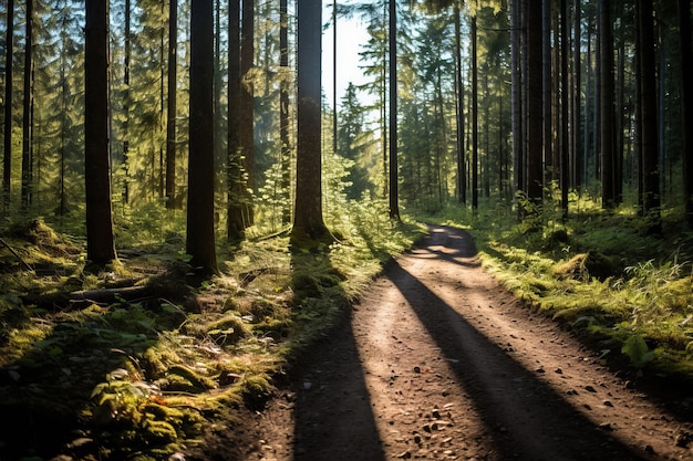 una strada di terra in mezzo a una foresta