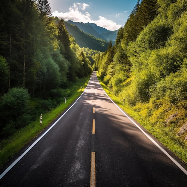 Una strada dritta in mezzo alla foresta colorata