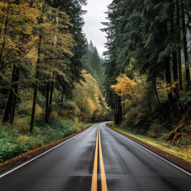 Una strada dritta in mezzo alla foresta colorata