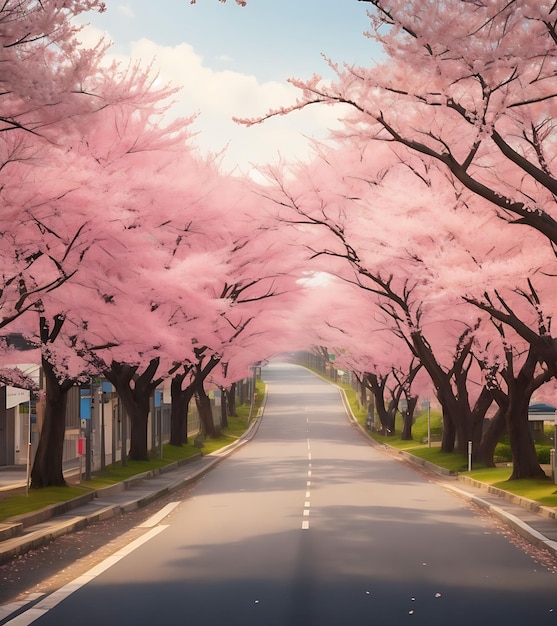 Una strada e fiori di ciliegio