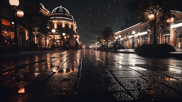 Una strada e una strada bagnate della città di notte oscura con molta lampada da notte e lampione al centro