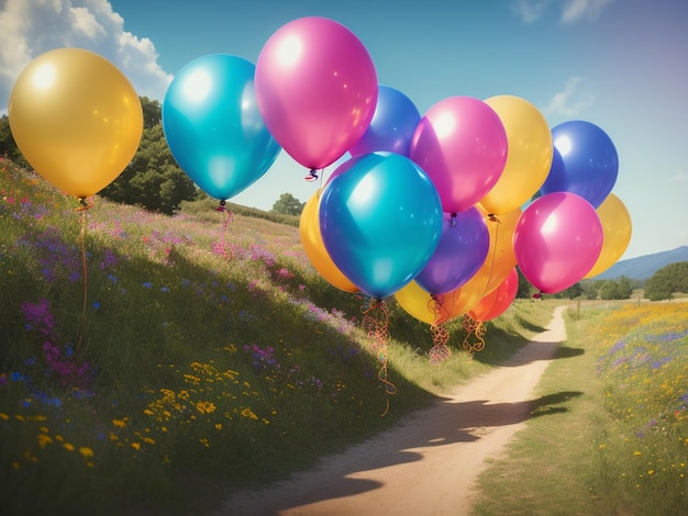Una strada fiancheggiata da palloncini colorati