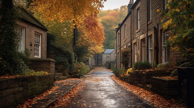 Una strada in autunno con un albero sullo sfondo