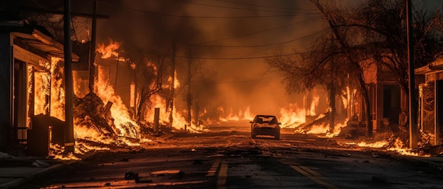 Una strada in fiamme avvolta dal fuoco e dal fumo IA generativa