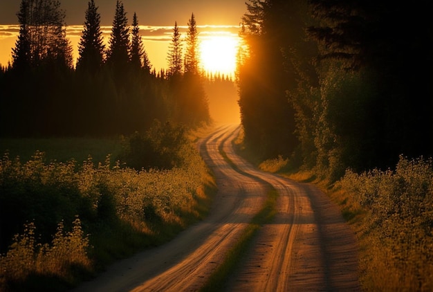 Una strada in mezzo alla natura con la luce del sole