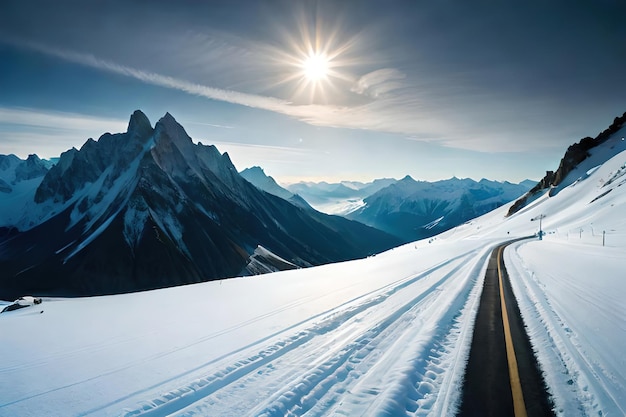 Una strada in montagna con il sole che splende sulla neve
