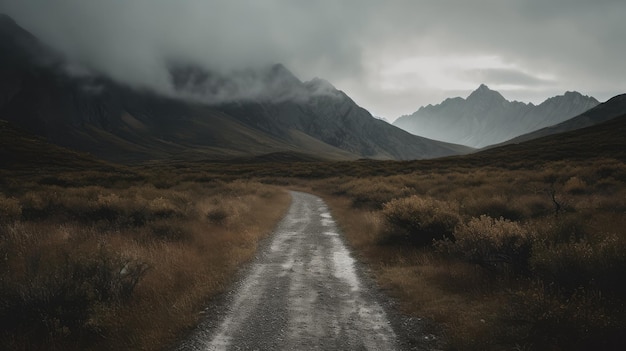 Una strada in montagna con un cielo nuvoloso generativo ai