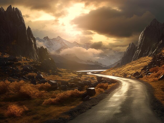 Una strada in montagna con un cielo nuvoloso