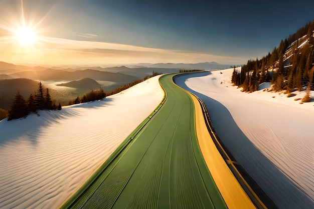 Una strada in montagna con una collina innevata e una strada con una montagna sullo sfondo.