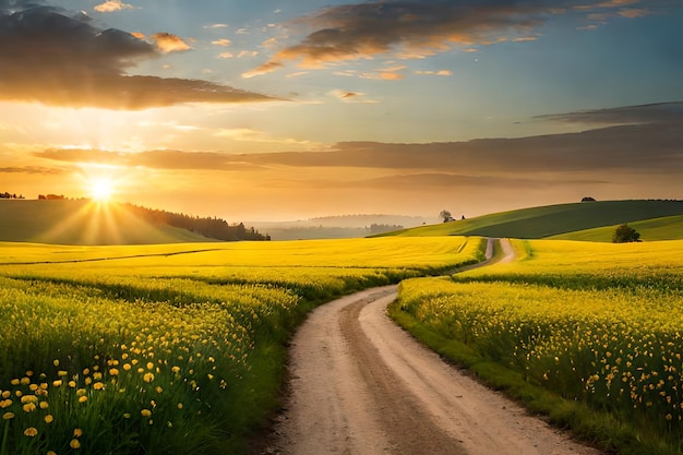 Una strada in un campo di fiori gialli