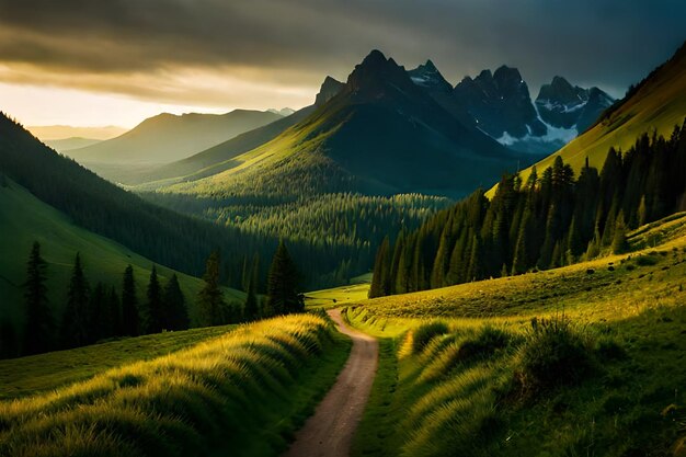 una strada in un campo verde con le montagne sullo sfondo.