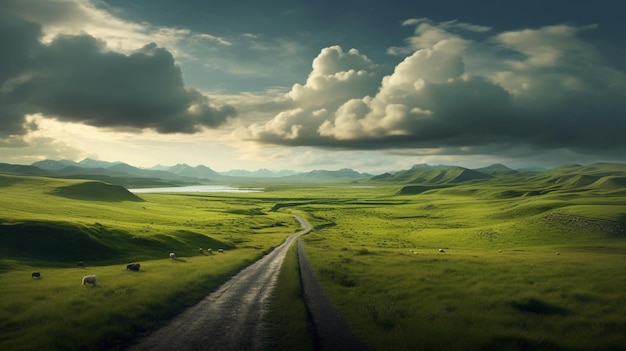 Una strada in un campo verde con un cielo nuvoloso
