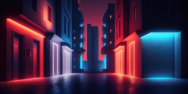 Una strada in una città con una luce al neon sul muro.