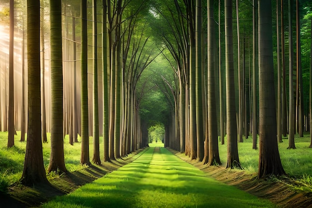 Una strada in una foresta con un sentiero verde che porta a una foresta.