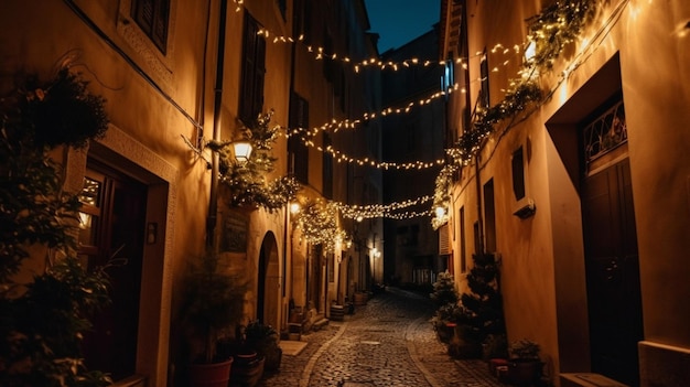 Una strada in una piccola città con le luci di Natale che pendono dal soffitto