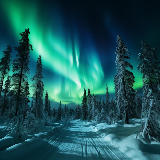 una strada innevata con alberi e luci verdi nel cielo