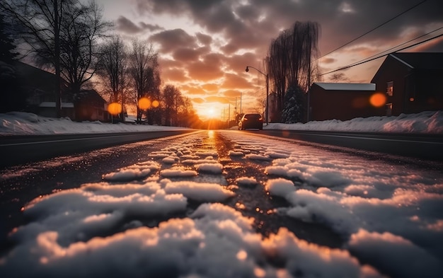 Una strada innevata con la neve sul terreno e il sole che tramonta dietro di essa
