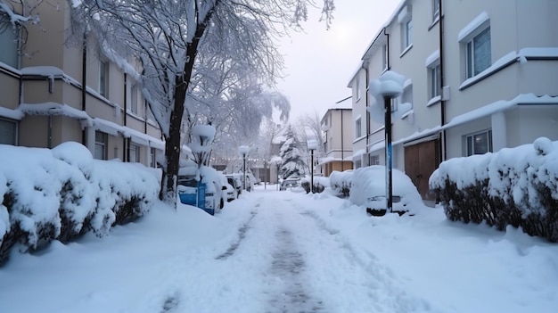 una strada innevata con qualche cespuglio e un lampione