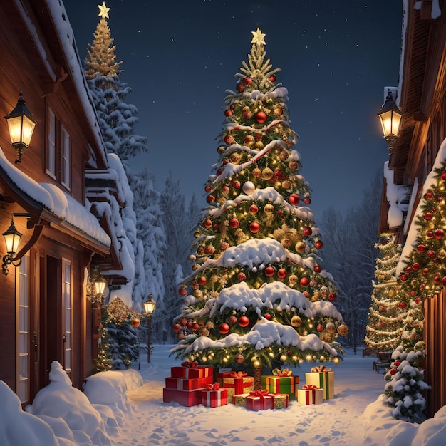 Una strada innevata con un albero di natale e un cartello che dice natale