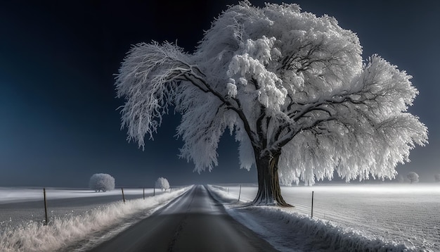 Una strada innevata con un albero nel mezzo