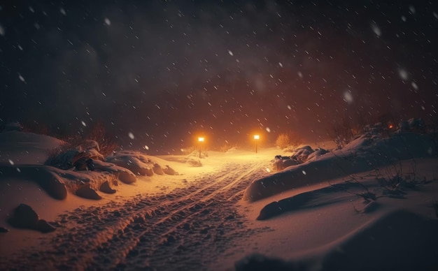 Una strada innevata con un'auto che guida sulla strada e una luce sulla strada notte d'inverno ai generata