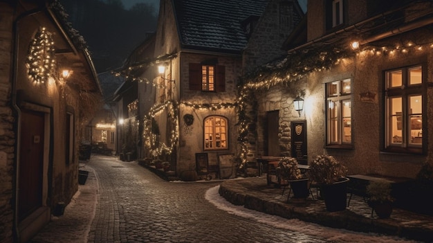 Una strada innevata con una strada innevata e luci di Natale