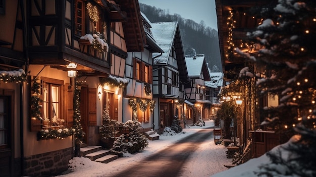 Una strada innevata con una strada innevata e luci di Natale