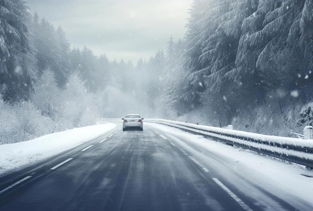 una strada invernale e macchine che attraversano la foresta nello stile di un'atmosfera festosa