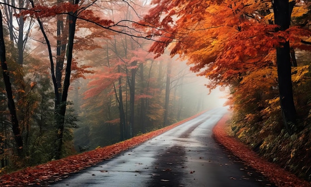 una strada lastricata di foglie in autunno nello stile di paesaggi nebbiosi