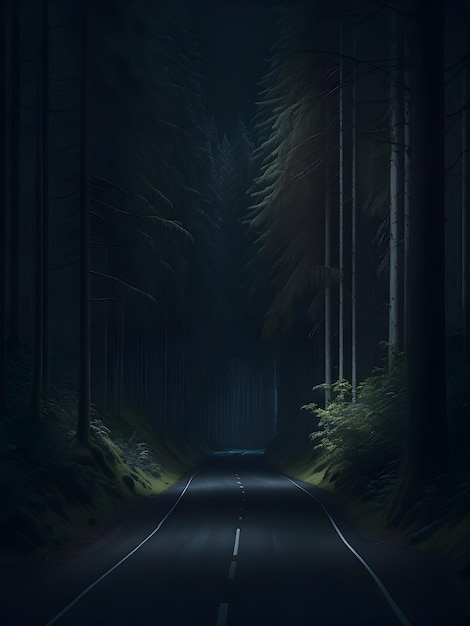 Una strada lunga e misteriosa avvolta nell'oscurità circondata da alberi imponenti