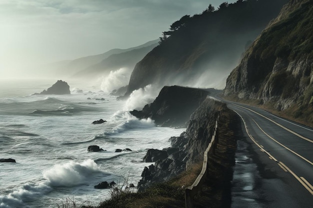 una strada lungo la costa con vista sull'oceano e un mare in tempesta.