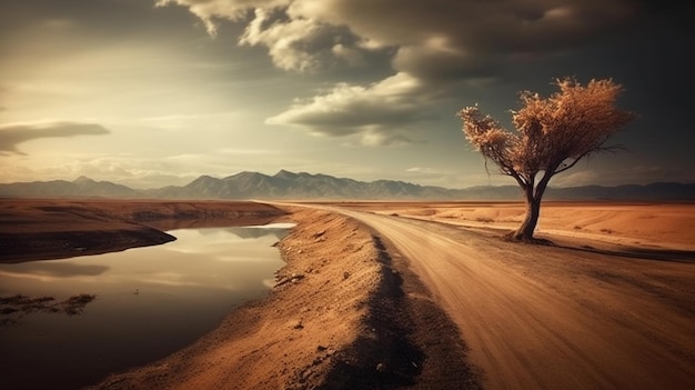 Una strada nel deserto con un lago e un albero sul lato sinistro.