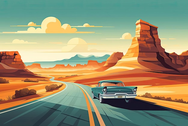 una strada nel deserto è mostrata in un'illustrazione in stile marrone chiaro e azzurro