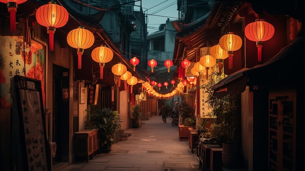 Una strada nella città di shanghai con lanterne appese al soffitto