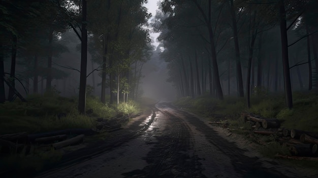 Una strada nella foresta con nebbia e alberi