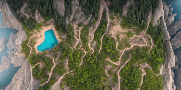 Una strada nella foresta con un lago blu nel mezzo