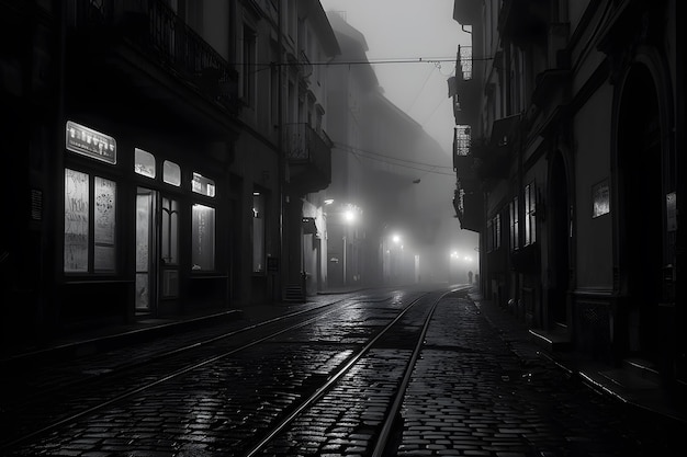 Una strada nella nebbia con un cartello stradale che dice "la città"