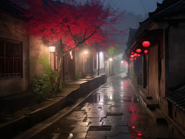 Una strada nella nebbia di notte