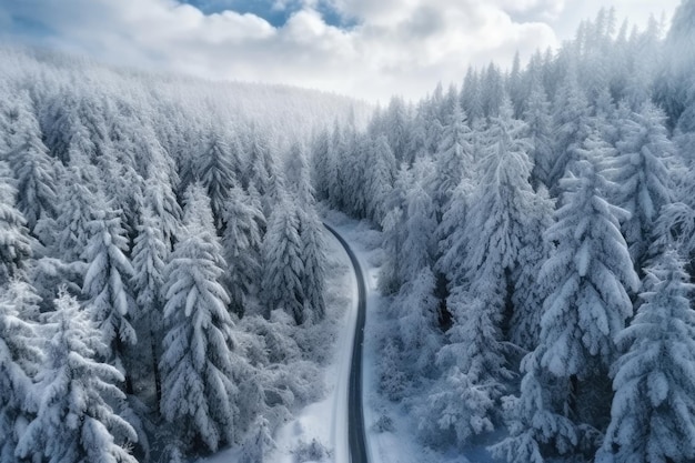 Una strada nella neve con un cielo azzurro e nuvole IA generativa